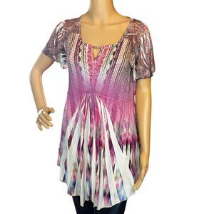 One World Womens Micro Jersey Printed Flutter Sleeve Embellished Keyhole Top